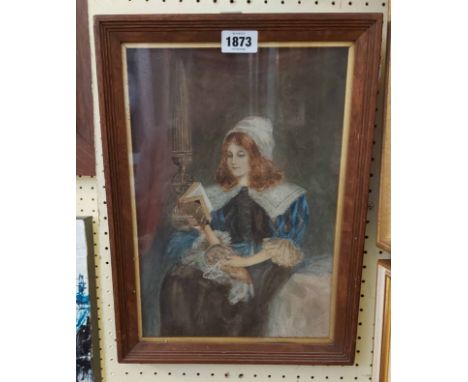 An oak framed watercolour portrait of a Tudor style young woman sitting on a bed and reading a book