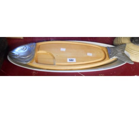 A wood and metal fish form salmon dish - sold with a ceramic similar