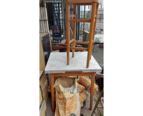 A 60cm vintage Formica topped draw-leaf kitchen table, set on stained wood base - sold with a vintage kitchen stool