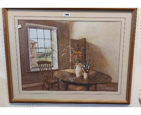 †G. Butler: a framed coloured print, depicting a cottage interior