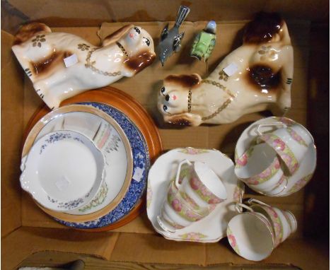 A box containing a quantity of ceramic items including bone china part tea set, Beswick bird, a pair of vintage Staffordshire