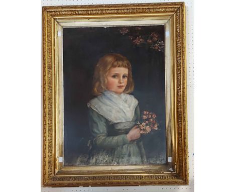 A gilt framed oil on canvas portrait of a young girl wearing a lace shawl and green dress - 68cm X 50cm