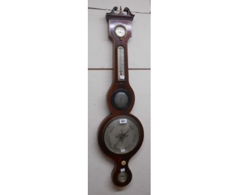 A 19th Century mahogany and strung banjo barometer/thermometer with storm dial to top central convex mirror and silvered dial