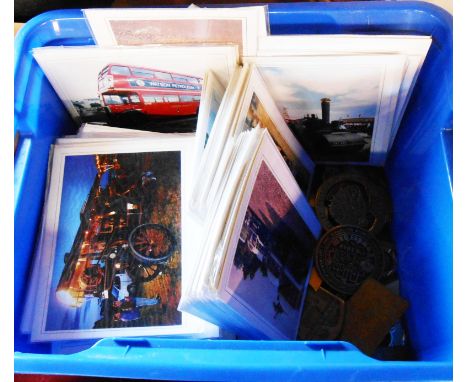 A box containing a quantity of greetings cards with photogaphic prints of steam engines and buses, cardboard photo frames and