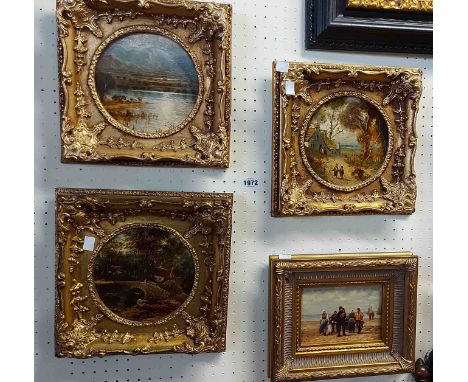 Three ornate gilt framed circular oils on canvas, depicting a river landscape, children on a track and waterside cottages - s