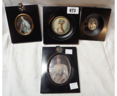 A vintage painted portrait miniature set in ebonised square frame - sold with another similar and two similar antique frames 