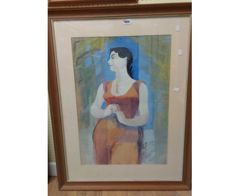 Dudley Holland: a framed vintage watercolour portrait of a woman wearing a red dress - 68cm X 48cm - similar image to Lot 184