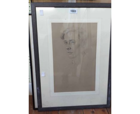 A framed pencil sketch portrait of a man's head - sold with another pencil sketch and a bird study coloured print