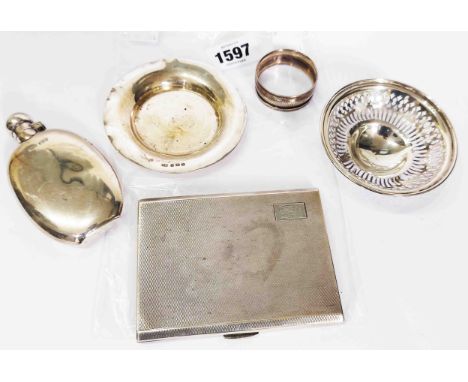 A silver cigarette case with initials - sold with a silver hip flask with bayonet screw cap, pin tray, bon bon dish and napki