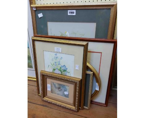 A selection of framed oil paintings and other images including floral studies, an embroidery woodpecker and prints