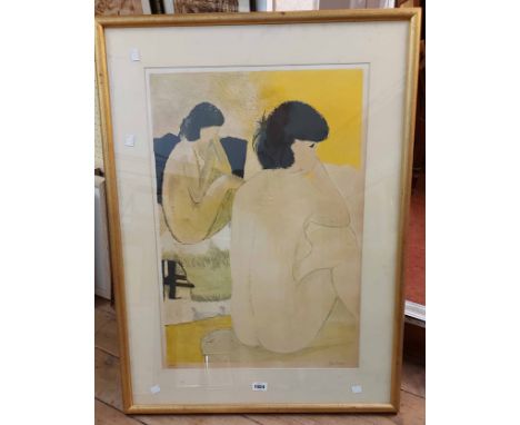 Guy Bardone: a gilt framed large format limited edition coloured print, depicting two nude female figures - signed in pencil 