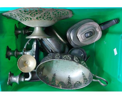 A crate containing a quantity of silver plated items including short twin branch three light candelabrum, three piece tea set