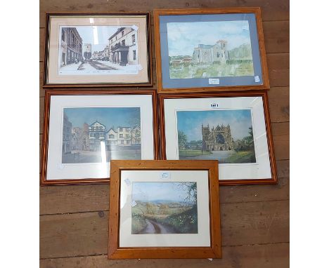 A pair of George Horne coloured architectural prints, a watercolour of a church and two further prints