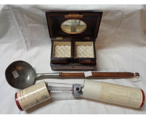 A Sorrento ware jewellery box with typical inlaid decoration - sold with a vintage maritime ventimeter in original box and an