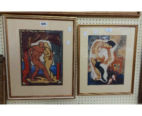 Dudley Holland: A gilt framed vintage polychrome lion cut print, depicting male and female nude figures beneath an arbour - s