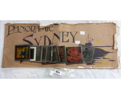 A bag containing a quantity of old glass slides including architectural, advertising and other examples - sold with a Panoram