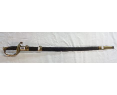 A 19th Century model 1855 French Infantry Officers sword with brass bindings, pommel, and floral decorated guard with ebony w