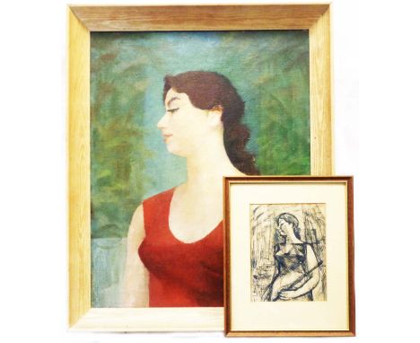 Dudley Holland: A framed vintage oil on canvas portrait of a woman wearing a red dress - 50cm X 40cm - sold with a framed sma