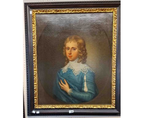 An ebonised and parcel gilt framed oil on canvas portrait of an 18th Century boy wearing lace trimmed blue tunic - details ve