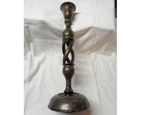 An old Kashmiri lacquer lamp base of open twist candlestick form with painted floral decoration
