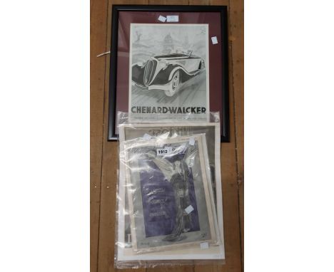 Two Art Deco automobile reprint posters, two postcards and a copy of The Sketch 1936 'Funeral Double Number'