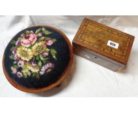A Victorian mixed wood and strung footstool of cushion form with tapestry top - sold with a walnut veneered and inlaid tea ca