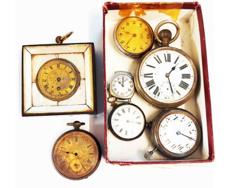 A box containing a small collection of pocket watches, a Goliath pocket watch and a vintage wristwatch - various condition