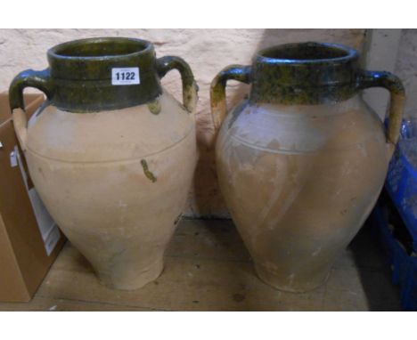 Two large ceramic pots with green lead glaze to the top