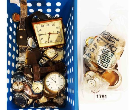 A plastic crate and a tub containing a collection of assorted vintage and other pocket and wristwatches, various part movemen