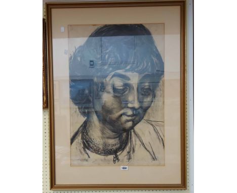 Dudley Holland: a gilt framed charcoal portrait of a woman wearing a necklace - 74cm X 50cm