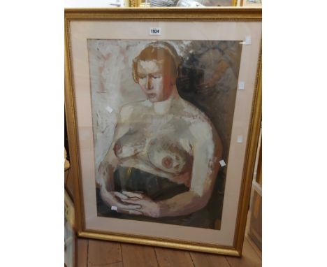 Dudley Holland: a gilt framed mixed media portrait of a nude female figure - signed in the image - 71cm X 53cm