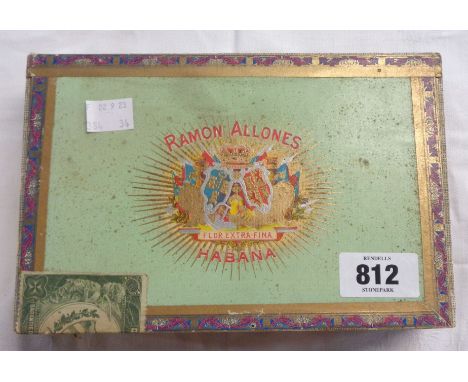 A cigar box containing a quantity of collectable items including two vintage cut-throat razors in assosiated boxes, pocket wa