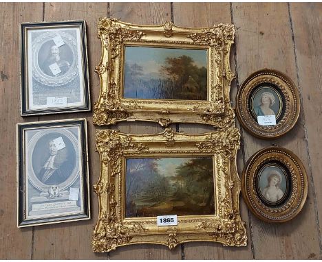 Two antique ornate gilt framed small format varnished oils on panel, both depicting landscapes - sold with two small oval fra