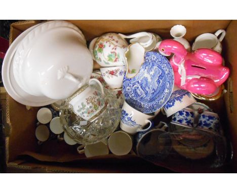 A box containing a quantity of assorted ceramic and glass items including Indian Tree jugs, etc.