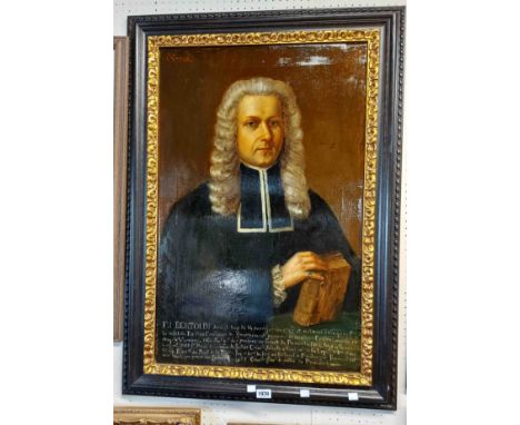 An ebonised and parcel gilt framed oil on canvas portrait of an early 19th Century legal gentleman with text under F.I. Burto