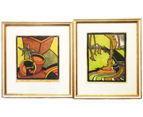 Dudley Holland: two framed polychrome lino cut prints, one entitled 'Flower Pots', the other entitled 'The Weir' - both signe