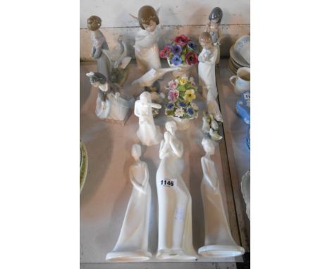 A quantity of Lladro, Nao, Royal Doulton and Spode figurines including an angel, girl with geese, etc. - various condition