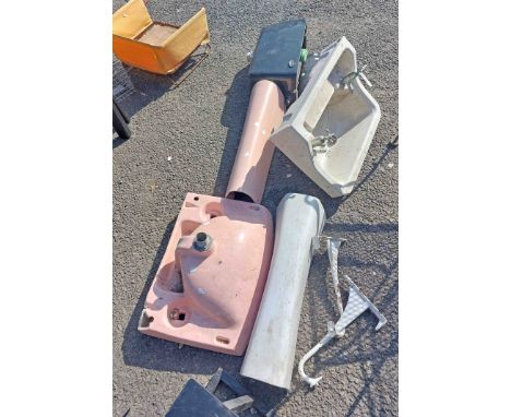 An old hand basin with taps and pedestal - sold with a pink similar (no taps), etc. - various condition