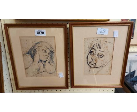 Dudley Holland: Two framed small format ink portrait sketches - foxing