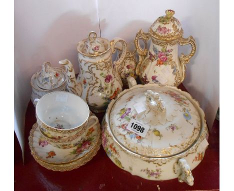 An early 20th Century Dresden porcelain coffee set comprising coffee pot, cream jug, sucrier and two trios - sold with a simi