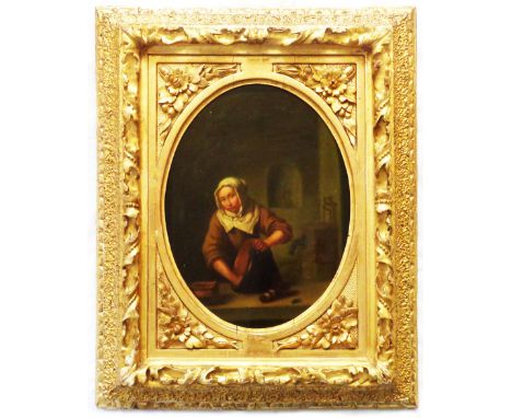 Netscher (after): an ornate gilt framed oval oil on canvas portrait of servant woman cleaning a pot in an interior - 29.5cm X