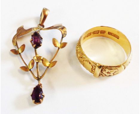 An 18ct. gold decorated wedding band - Birmingham 1902 - size M - sold with a marked 9ct Edwardian pendant