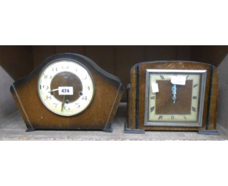 A vintage Smiths oak cased mantel clock with floating balance eight day chiming movement - sold with another with converted q