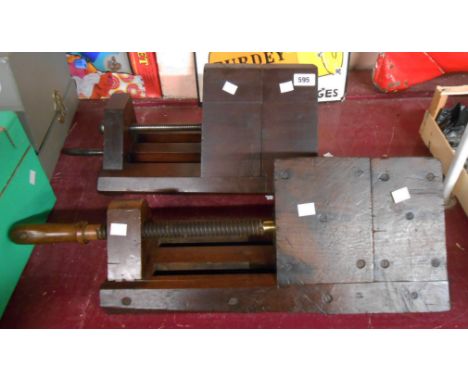 Two antique mahogany carpenter's bench vices