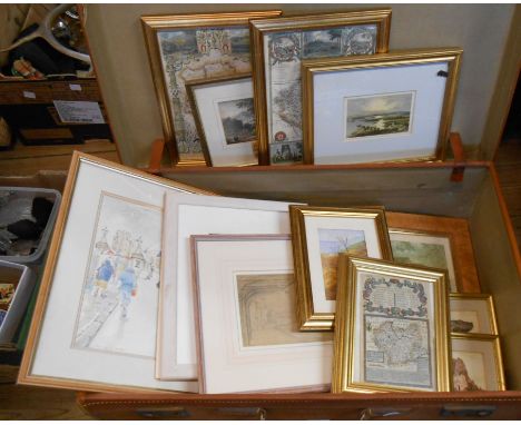 A vintage fibreboard suitcase containing a quantity of pictures and prints including watercolours, etc.