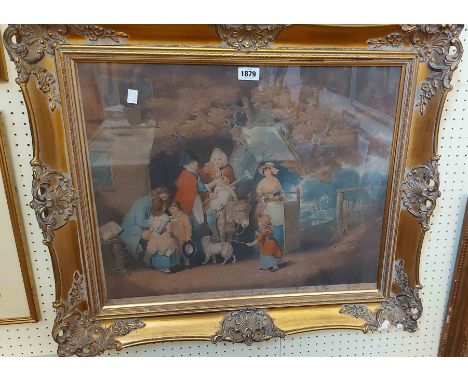 A gilt framed antique large format coloured print entitled 'Sunday Morning a Cottage Family Going to Church'