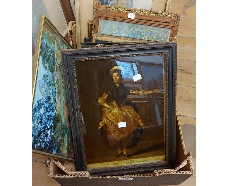 A box containing a large selection of framed prints and original works - various artists and subject