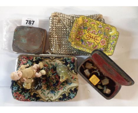 A quantity of collectable items including a yellow enamel decorated dish, a small box decorated with scene of dancing men con
