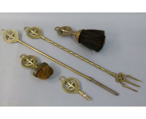 Festival of Britain 1951 - a brass toasting fork, a poker, two brushes and a spare handle 