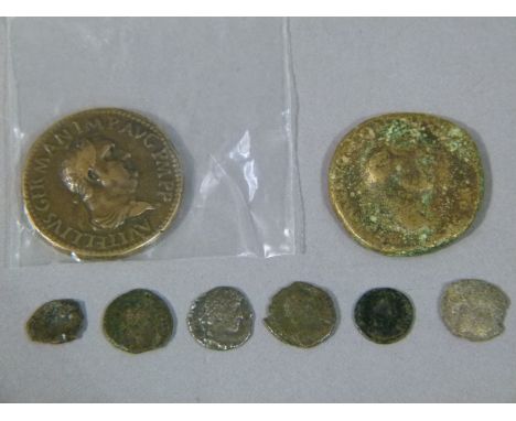 Nero Sestertius (corroded), copy of Vitellius Sestertius plus four late Roman coins and two fragments 